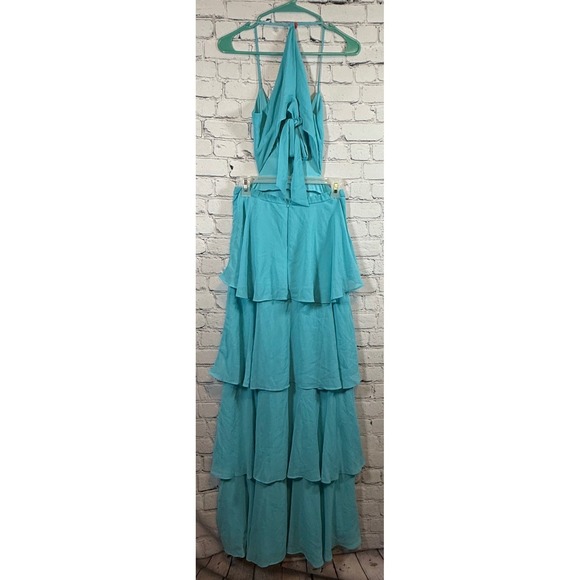 Lulus Tier and Now Med Aqua Blue Maxi Dress Cutout Tiered Halter Backless Gown - Picture 4 of 6